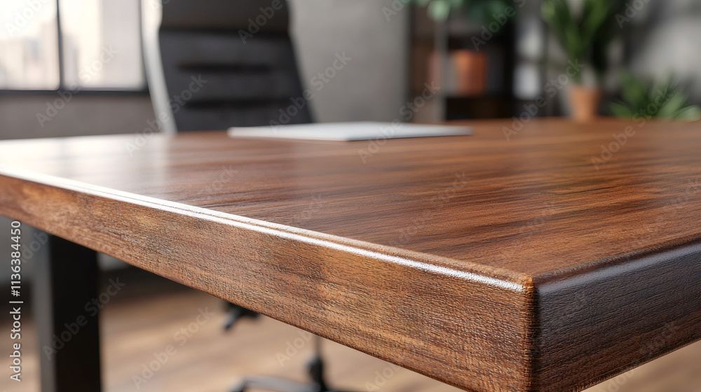 Poster empty polished wooden tabletop with smooth surface and rounded edges in a sleek office setting