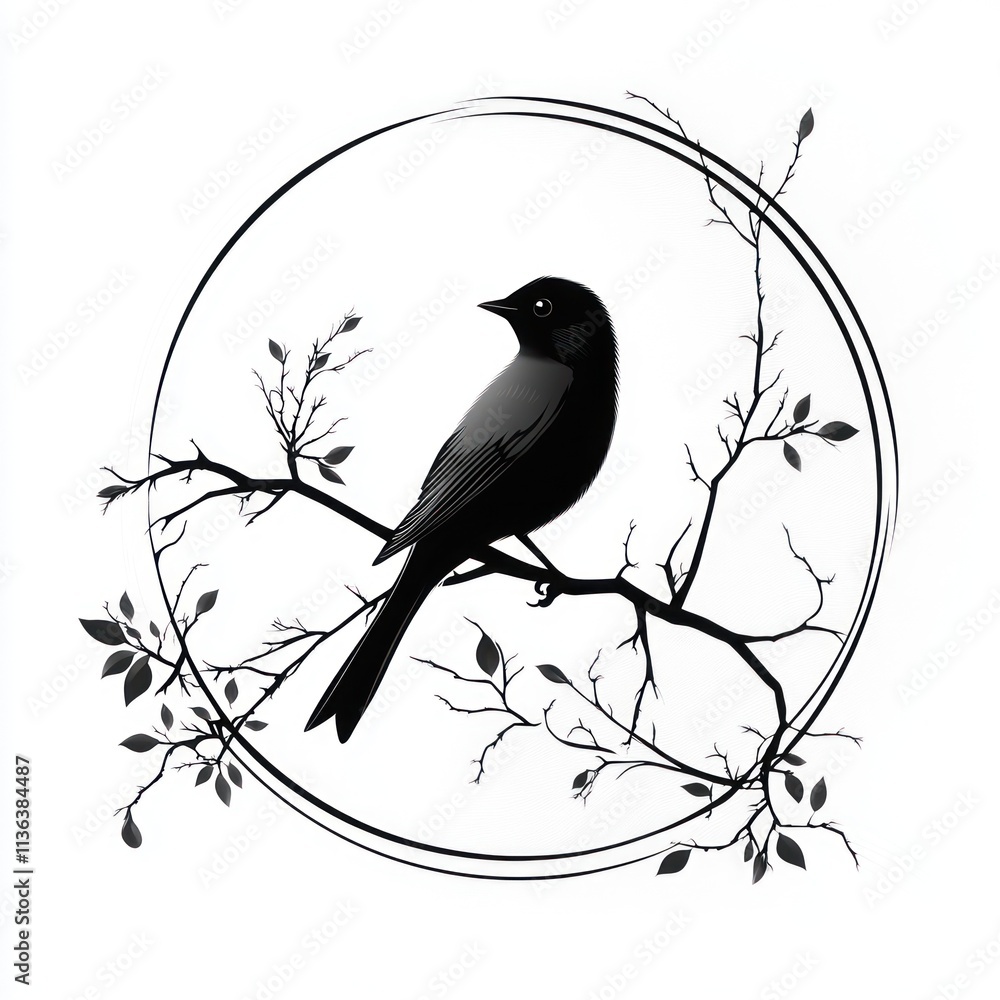 Poster black bird perched on a branch within a circular frame.