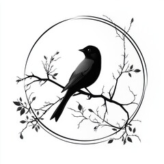 Black bird perched on a branch within a circular frame.