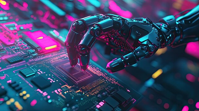 High-tech robotic arm with precision grippers assembling a circuit board under neon lighting. - Powered by Adobe