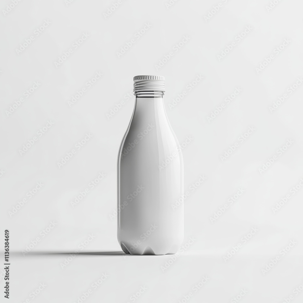 Poster minimalist 3d icon of a milk bottle designed with a subtle curve, placed in the center of a vast whi