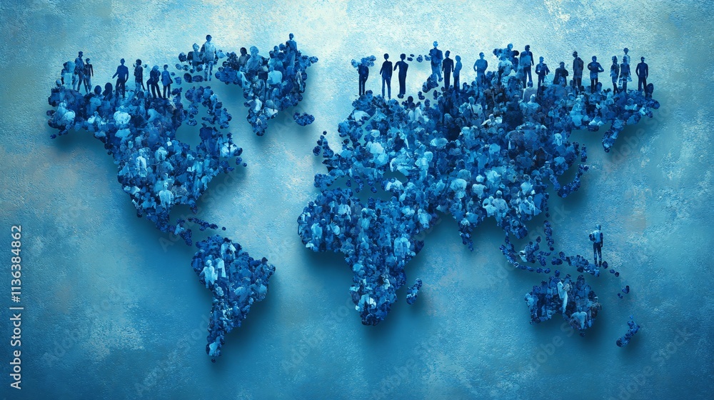 Poster world map formed by crowd of people representing global community