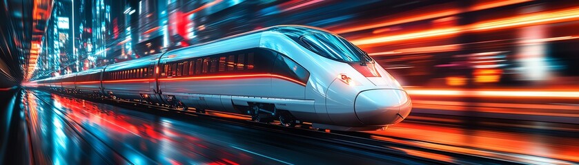 Fototapeta premium Futuristic train with neon lights, highspeed motion blur, sleek technology design, fast transportation, glowing details, dynamic movement, scifi city backdrop