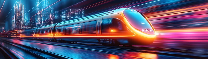 Obraz premium Futuristic train with neon lights and motion blur, advanced fast transportation, glowing details, sleek design, technology, ultramodern cityscape