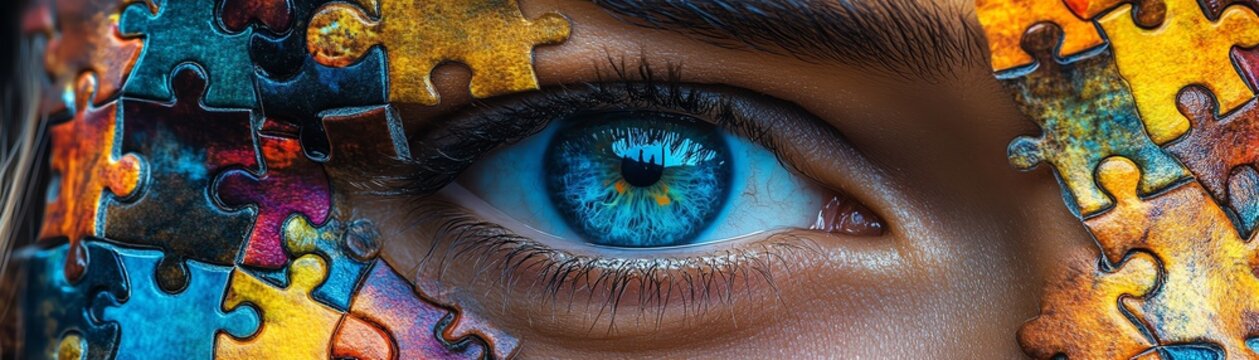 Human face covered in colorful puzzle pieces, blue eyes, emotional expression through creative design, vibrant and intricate puzzle art concept