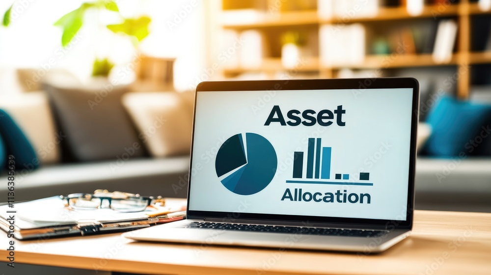 Poster laptop displaying asset allocation pie chart and graphs in office