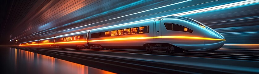 Fototapeta premium Neonlit futuristic train, motion blur effect, highspeed transportation, glowing technology, sleek design, fastmoving through a scifi city at night
