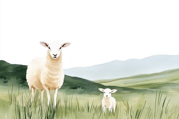 Image of A soft watercolor painting of a ewe and her lamb in a serene field, blending delicate greens and browns printed on Printed Glass Splashbacks