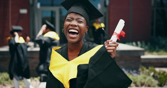 Face, excited or African woman in graduation on outdoor university campus for certificate achievement. Student, success or proud graduate with smile for education goal or screaming for joy in Nigeria
