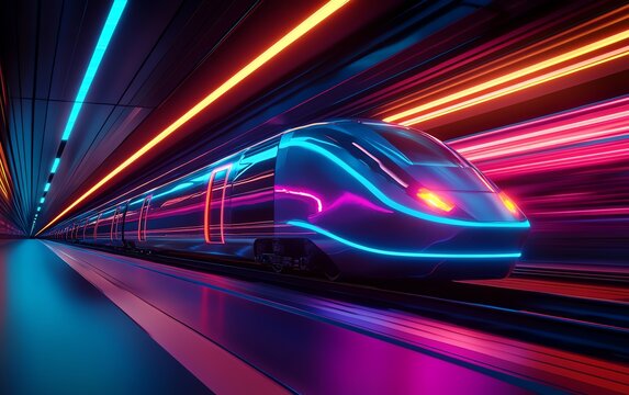 Sleek futuristic train with neon lights, motion blur effect, cuttingedge technology, fast transportation, vibrant colors, scifi atmosphere, highspeed movement