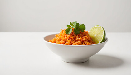 Mexican rice in minimalist style with vibrant orange colors, garnished with cilantro and lime, with copy space