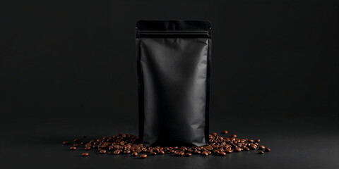 A coffee concept prepared for mockup, with a matte black coffee package and coffee beans on dark background	