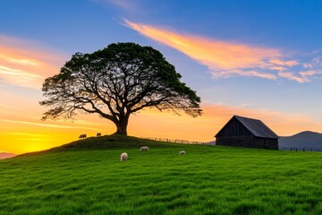 Naklejka premium A sunrise scene with ewes grazing on a dewy hillside, with a rustic farmhouse in the background