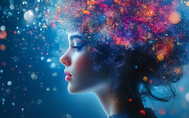 Vibrant surreal portrait of a woman, colorful brain explosion, creativity, imagination concept, deep blue background, bold colors, artistic interpretation
