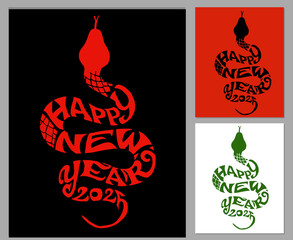 Calligram Happy New Year 2025. Calligraphy lettering on form Snake. Happy new year winter card with snake. Calligraphy, hand writing, brush, greeting card.

