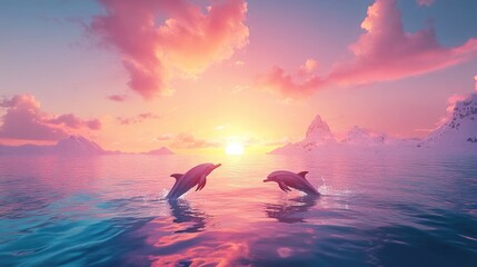 Two dolphins leap joyfully at sunset over serene ocean with snow-capped mountains.