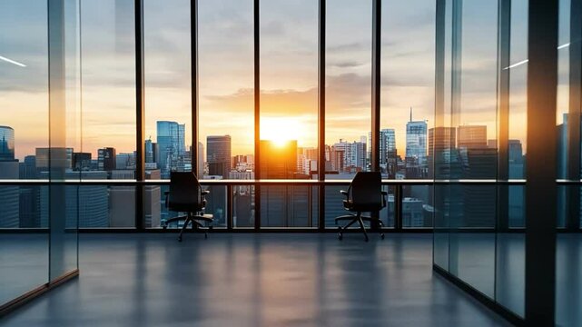 Modern office interior with large windows and sunset view over the city skyline.