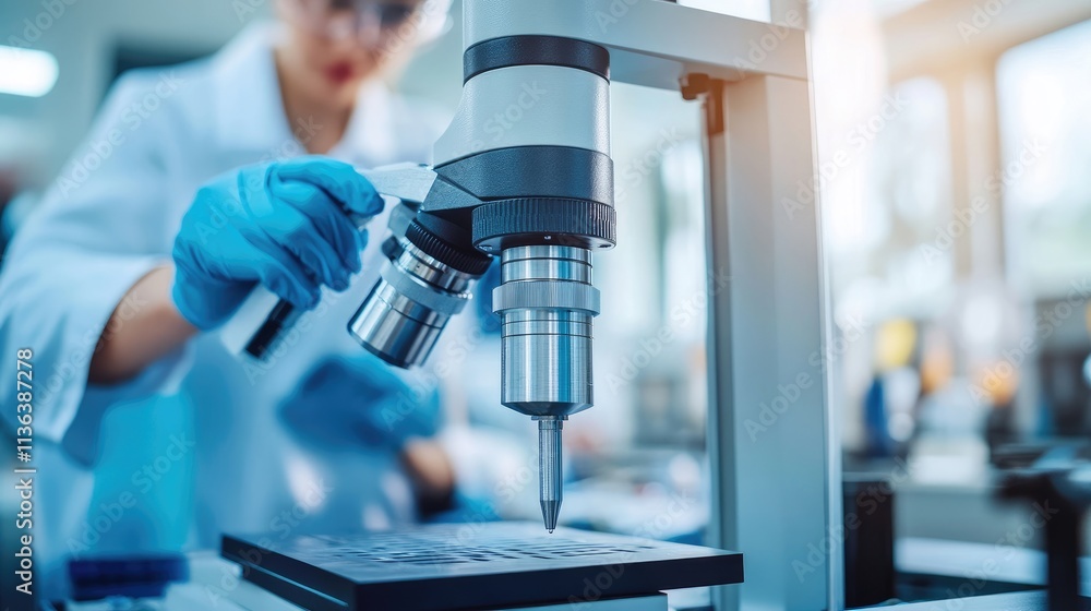 Poster scientist analyzing sample under microscope in modern laboratory