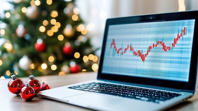 Stock market analysis on a laptop amidst festive holiday decorations in a cozy setting - Powered by Adobe