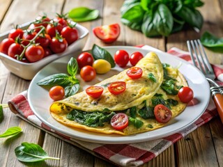 Rustic Spinach and Tomato Omelet Served on a White Plate, Highlighting Fresh Ingredients and a Cozy Culinary Experience, Perfect for Breakfast or Brunch Enthusiasts