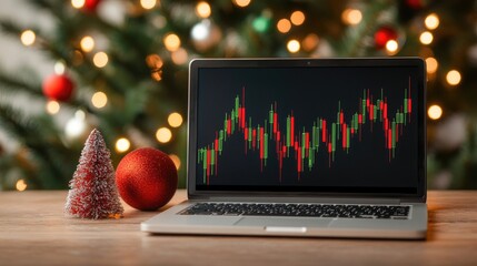 Embracing financial growth during the holiday season with a laptop displaying stock market insights