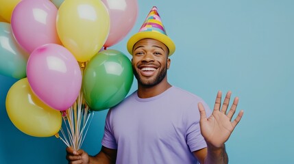 Happy man holding colorful balloons and waving hand wearing party hat