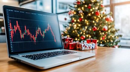Trading insights emerge from a laptop beside a festive Christmas tree amid a season of celebration and financial reflection