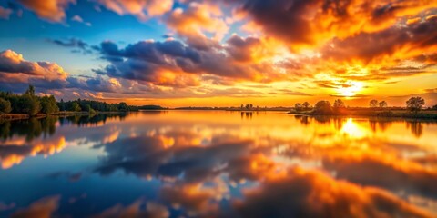 Obraz premium Serene Tilt-Shift Photography of an Orange Swooshy Sunset Over Calm Waters with Soft Reflections and Dreamy Clouds, Evoking Peace and Tranquility in Nature's Evening Splendor
