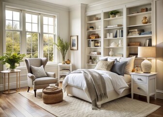 Fototapeta premium Serene White Master Bedroom Corner with Bookcase, Featuring Natural Light and Subtle Decor for a Cozy and Inviting Atmosphere Perfect for Relaxation and Reading