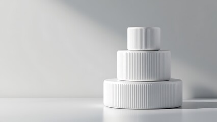 Minimal white podium 3d stage product display presentation background with spotlight beam show pedestal platform light studio or modern advertising empty stand exhibition showcase premium backdrop.