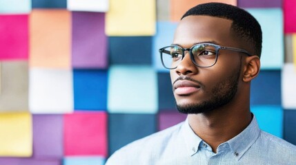 Obraz premium A stylish man wearing glasses poses thoughtfully against a vibrant, multicolored background, showcasing a modern and artistic vibe.