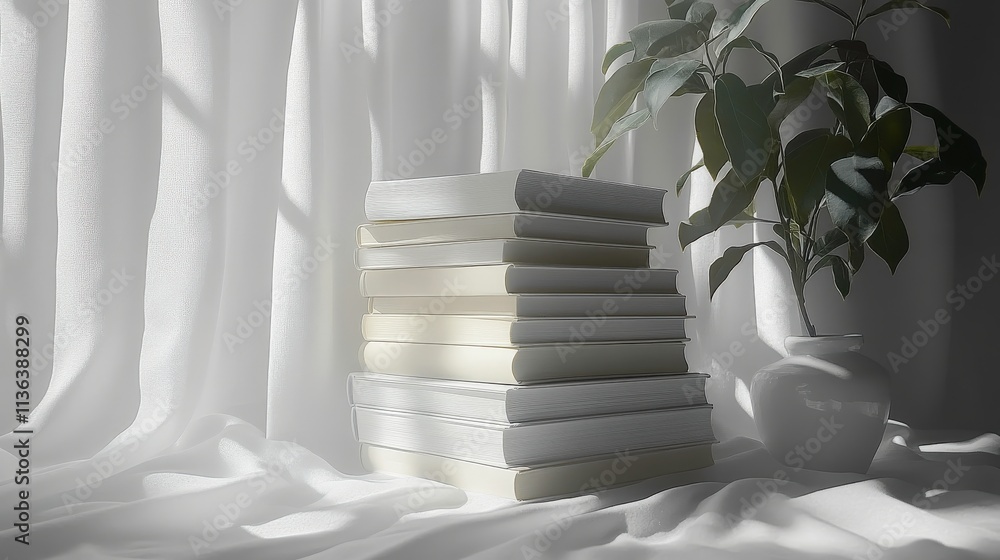 Poster soft natural light illuminating a stack of books on white fabric with a green plant in the backgroun