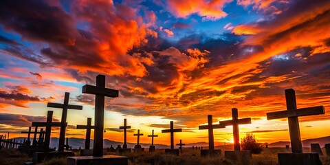 Naklejka premium Silhouette Photography of Christian Graves and Crosses at Taos Pueblo Cemetery Under a Dramatic Sunset Sky, Highlighting Cultural Heritage and Spiritual Serenity