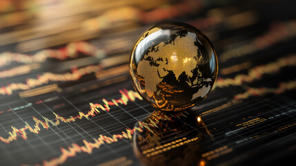 Global business trends and international investments represented by glass globe over stock market data showing world map