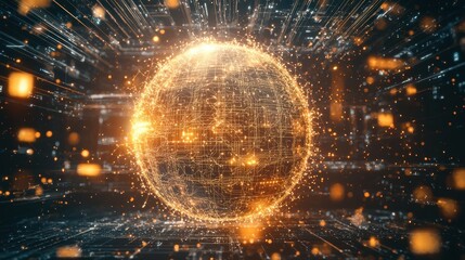 A cognitive AI system visualized as a glowing digital sphere surrounded by layers of neural networks and data streams. The intricate design symbolizes the complexity and adaptability of AI-driven 