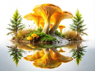Stunning Double Exposure of Vibrant Yellow Chanterelle Mushroom Merging with Nature Elements on a Clean White Background for Unique Visual Appeal