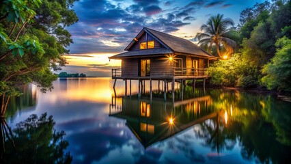 Fototapeta premium Stunning Low Light Photography of a Great House on Stilts at Dusk Surrounded by Lush Nature and Reflected in a Calm Body of Water, Evoking Tranquility and Serenity in a Dreamlike Setting