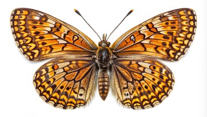 Fototapeta premium Stunning Melitaea Phoebe Butterfly and Knapweed Fritillary Isolated on White Background, Top View, Perfect for Urban Exploration Photography and Nature Enthusiasts