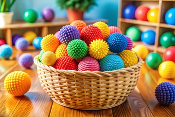 Obraz premium Tactile Sensory Toy Balls in a Montessori Basket: A Colorful Collection for Kids' Sensory Integration and Stress Relief - Perfect for Learning and Developmental Play