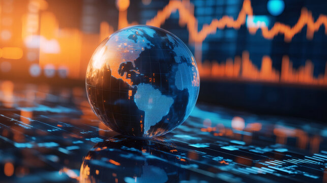 Rotating glass globe on a digital surface, displaying global market data and financial trends, emphasizing international trade connections
