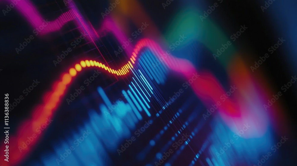 Poster vibrant data visualization with colorful lines and charts in focus