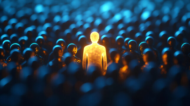 Glowing man is standing out from a dark crowd of people, representing individuality, leadership, and being unique