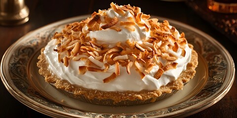 A delicious coconut cream pie topped with toasted coconut and whipped cream on a decorative plate.