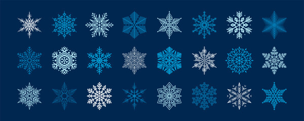 A collection of various snowflakes in shades of white and blue on a dark blue background. Each snowflake is unique, featuring abstract geometric elements. Christmas design of winter vector icons