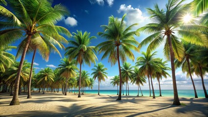 Fototapeta premium Vibrant Summer Scene with Coconut Trees on Blue Background Surrounded by Beach Sand - Perfect for Tropical Vacation and Relaxation Themes in 3D Rendering