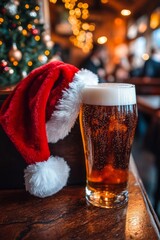 Santa hat with a beer mug on the table