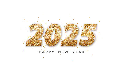 Happy New Year 2025. Festive design of bold numbers formed with sparkling gold glitter on white background. Simple and elegant holiday template for greeting card, poster, postcard, invitation, banner.