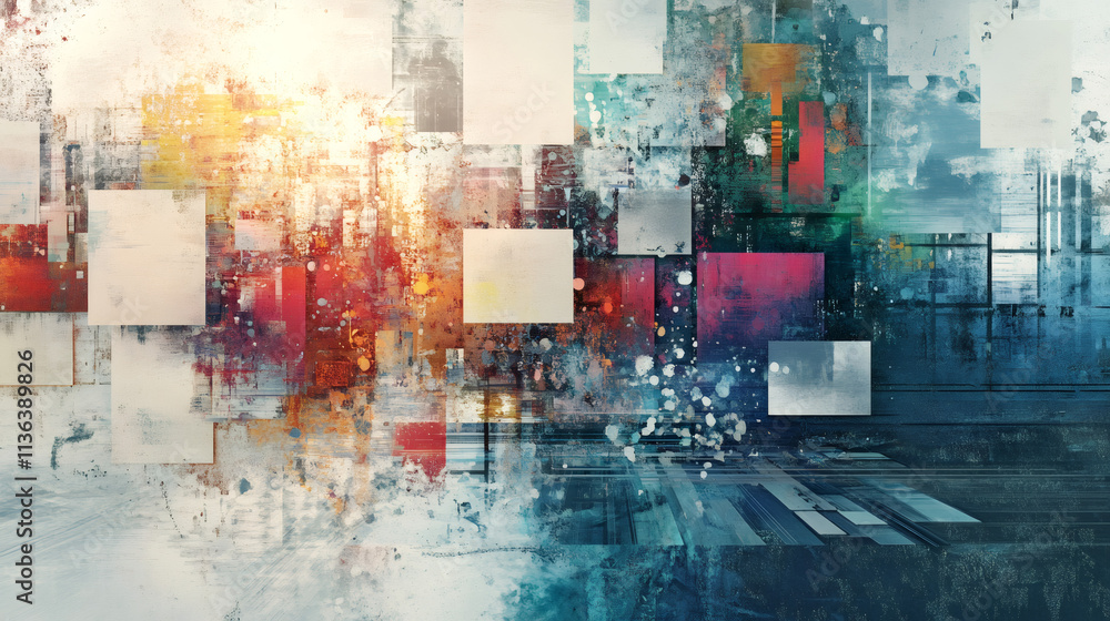 Poster modern and artistic grunge background with textured and abstract feel, featuring colorful squares an