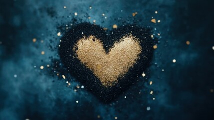 A golden heart shape surrounded by black sand and glittering particles on a dark textured background, creating a luxurious and artistic look.