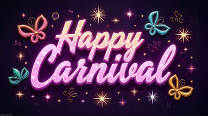 Happy Carnival text in glowing pink neon lights surrounded by festive confetti and stars